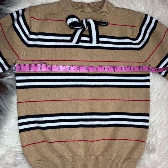 Girls striped printed beige/black/burgundy/ white striped bow tie sweater - Picture 3 of 5